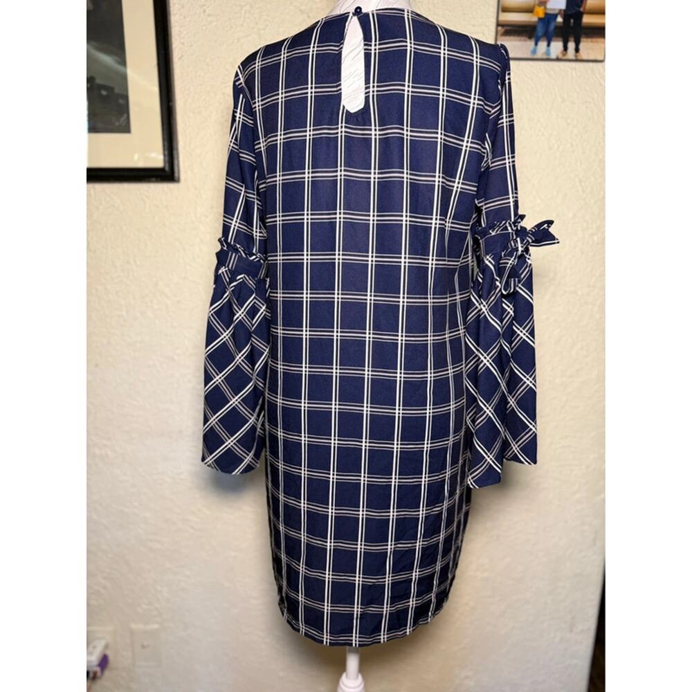 ECI New York Navy Blue & Gray Windowpane Shift Dress Bow Bell Sleeves - Size 6 - Picture 2 of 3